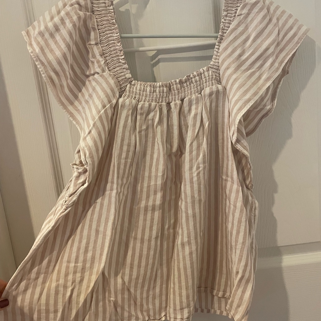 A New Day Beige And White Striped Ruffle Neck Top